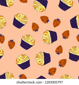 Beautiful seamless pattern with cupcakes and strawberries on a pink background.