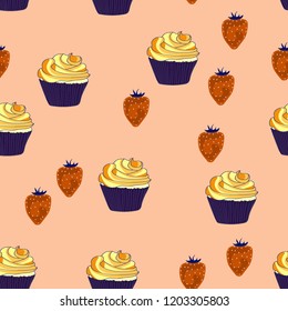 Beautiful seamless pattern with cupcakes and strawberries on a pink background.