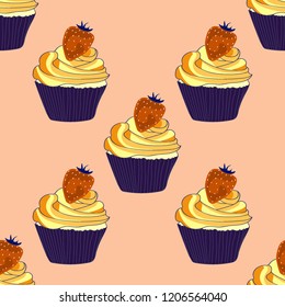 Beautiful seamless pattern with cupcakes and strawberries on a pink background.