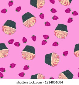 Beautiful seamless pattern with cupcakes and strawberries on a pink background.