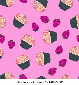 Beautiful seamless pattern with cupcakes and strawberries on a pink background.