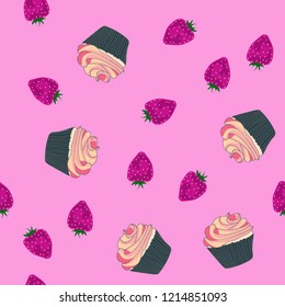 Beautiful seamless pattern with cupcakes and strawberries on a pink background.