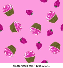 Beautiful seamless pattern with cupcakes and strawberries on a pink background.