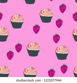Beautiful seamless pattern with cupcakes and strawberries on a pink background.