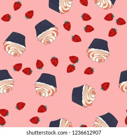 Beautiful seamless pattern with cupcakes and strawberries on a pink background.