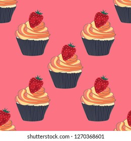 Beautiful seamless pattern with cupcakes and strawberries on a pink background.
