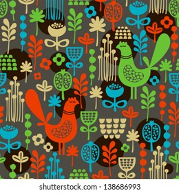Beautiful seamless pattern with cute birds and pretty flowers. Vector background.