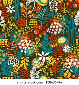 Beautiful seamless pattern with cute birds and pretty flowers. Vector background.