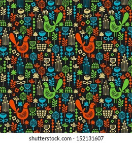 Beautiful seamless pattern with cute birds. Vector background. 
