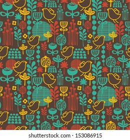 Beautiful seamless pattern with cute birds and pretty flowers. Vector background. 