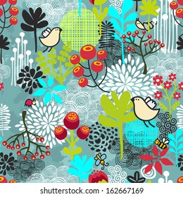 Beautiful seamless pattern with cute birds and pretty flowers. Vector background. 