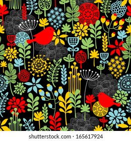 Beautiful seamless pattern with cute birds and pretty flowers. Vector background. 
