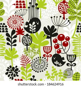Beautiful seamless pattern with cute birds and pretty flowers. Vector background. 