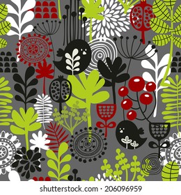 Beautiful seamless pattern with cute birds and pretty flowers. Vector background. 