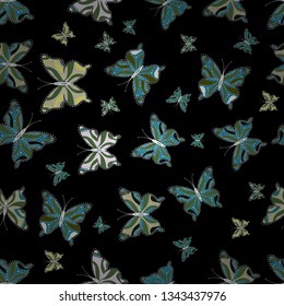 Beautiful seamless pattern of cute butterflies. Vector. Pictures in black, blue and green colors. Hand-drawn illustration. Fashion Fabric Design.