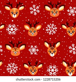 Beautiful seamless pattern with cute cartoon deers. Winter background for Christmas or New Year design. Vector illustration