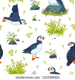 Beautiful seamless pattern with cute cartoon puffin birds. Vector illustration
