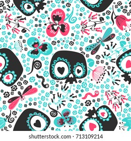 Beautiful seamless pattern with cute cartoon heart-eyed skeleton skulls, turquoise and pink meadow flowers, butterflies and worms against white background. Vector illustration for wrapping paper