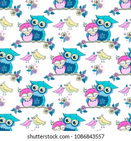 Beautiful seamless pattern of cute colorful owls and birds fallen in love. Lovely crafted design for Valentine's Day, wedding, romantic date.