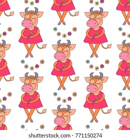 Beautiful seamless pattern of cute colorful cartoon cow with flowers. Lovely illustration of animals on white background.