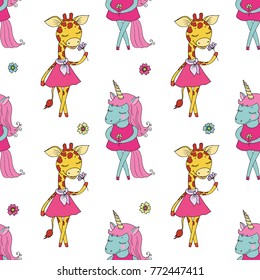 Beautiful seamless pattern of cute colorful cartoon unicorn and giraffe with flowers. Lovely illustration of animals on white background.