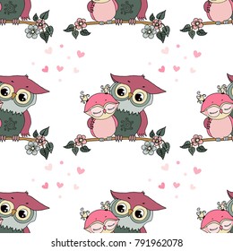 Beautiful seamless pattern of cute colorful owls fallen in love. Lovely crafted design for Valentine's Day, wedding, postcards and prints.