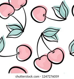 Beautiful seamless pattern with cute doodle cherry sketch. Hand drawn trendy background. design background greeting cards, invitations, fabric and textile