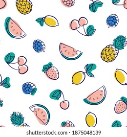 Schönes, nahtloses Muster mit süßer Doodle-Frucht-Skizze. Handgezeichnet, trendiger Hintergrund. Design-Hintergrund-Grußkarten, Einladungen, Stoff und Textilien