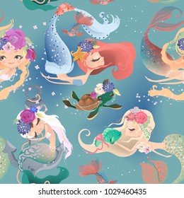 Beautiful seamless pattern with cute mermaid girls, princess in floral wreath, bouquets, turtle and fish