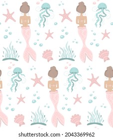 Schönes nahtloses Muster mit süßem Meerjungfrau, Algen und Meeresbewohnern. Kinderbettwäsche, Textilien, Druck, Textur, Oberflächendesign, Modekinder tragen