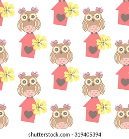 Beautiful seamless pattern with cute owls and birdhouse