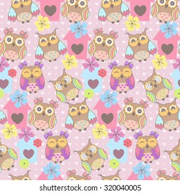 Beautiful seamless pattern with cute owls and birdhouse