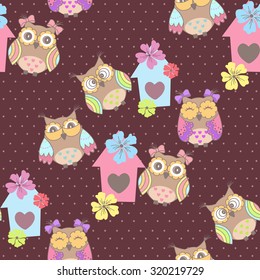 Beautiful seamless pattern with cute owls and birdhouse