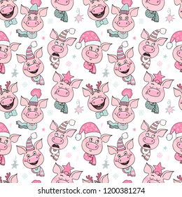Beautiful seamless pattern of cute pigs with emotions of joy, happiness, surprise, fright, arrogance. Piglets are dressed in Christmas hats - Santa's hat, deer horns, a star. Symbol of the year 2019