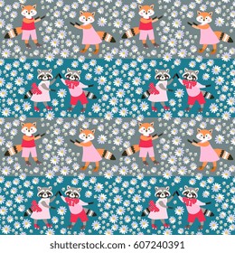Beautiful seamless pattern with cute raccoons and foxes surrounded by flowers. Vector illustration. 