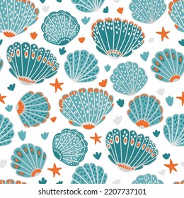 Beautiful seamless pattern with cute shells, starfish.

