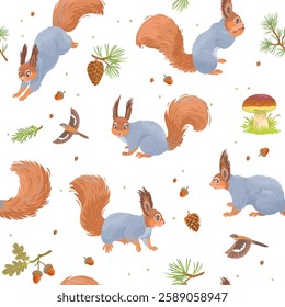 Beautiful seamless pattern with cute squirrels. Vector illustration.