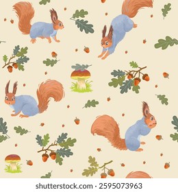 Beautiful seamless pattern with cute squirrels. Vector illustration.