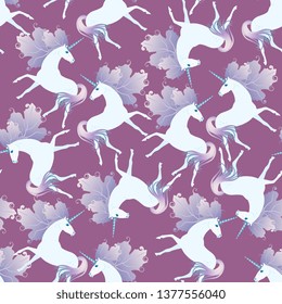 Beautiful seamless pattern with cute white unicorns with mane in shape of autumn leaves on purple background. Print for fabric. 