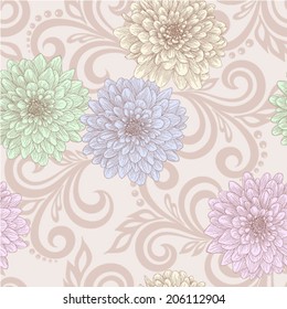 Beautiful seamless pattern with dahlia flowers and abstract floral swirls