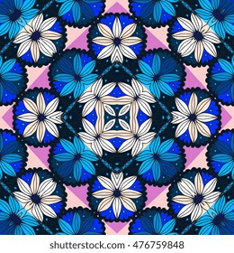 Beautiful seamless pattern with daisy and pink and blue rhombuses -3.