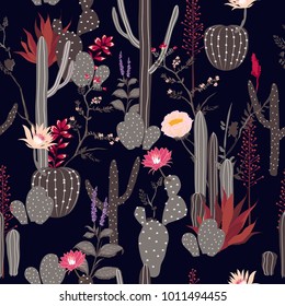 Beautiful seamless pattern dark color cactus with jungle flowers. Bright illustration, can be used for creating card, invitation card for wedding,wallpaper and textile on navy blue background