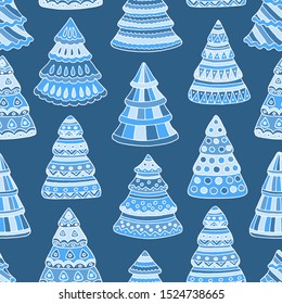 Beautiful seamless pattern with decorated blue abstract Christmas trees, for cover design, print on textiles, gift packages