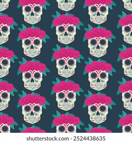 Beautiful seamless pattern with decorated skull with roses wreath as a symbol of Day of the Dead and Dia de los Muertos. Traditional mexican holiday. Ready repeatable texture for print, tissue