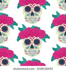 Beautiful seamless pattern with decorated skull with roses wreath as a symbol of Day of the Dead and Dia de los Muertos. Traditional mexican holiday. Ready repeatable texture for print, tissue