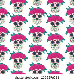 Beautiful seamless pattern with decorated skull with roses wreath as a symbol of Day of the Dead and Dia de los Muertos. Traditional mexican holiday. Ready repeatable texture for print, tissue