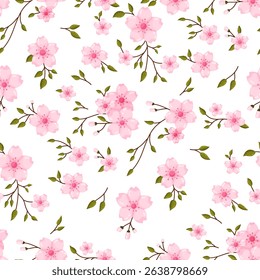 A beautiful seamless pattern of delicate pink cherry blossoms or sakura with graceful brown branches and green leaves. Set against a crisp white background this elegant repeating design evokes spring 