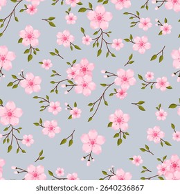A beautiful seamless pattern of delicate pink cherry blossoms or sakura with graceful brown branches and small green leaves. Set against a soft light blue background this elegant repeating design evok