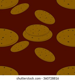 Beautiful seamless pattern with delicious cookies and chocolate chips on red background for variety projects. Vector illustration for stylish creative design