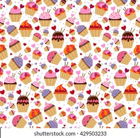 Beautiful seamless pattern of delicious cupcakes, hearts, chocolate, on a pink background, vector illustration